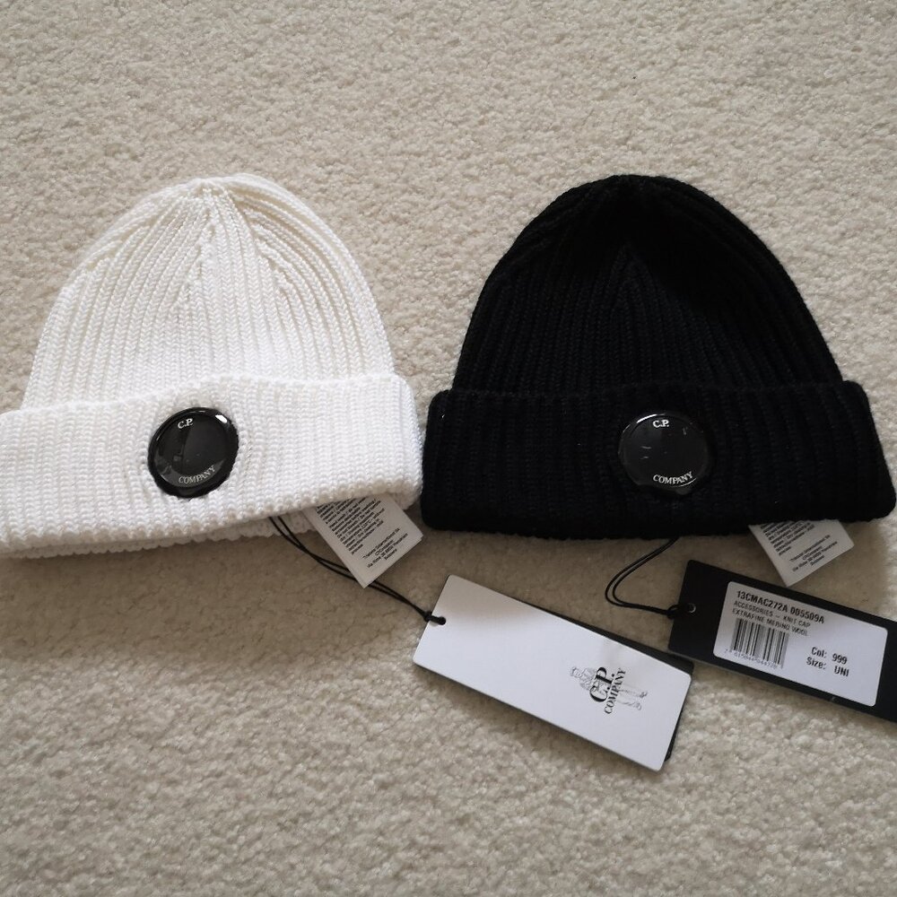 CP Company 100% Extrafine Merino Wool Ribbed Knit Beanie, Black/White